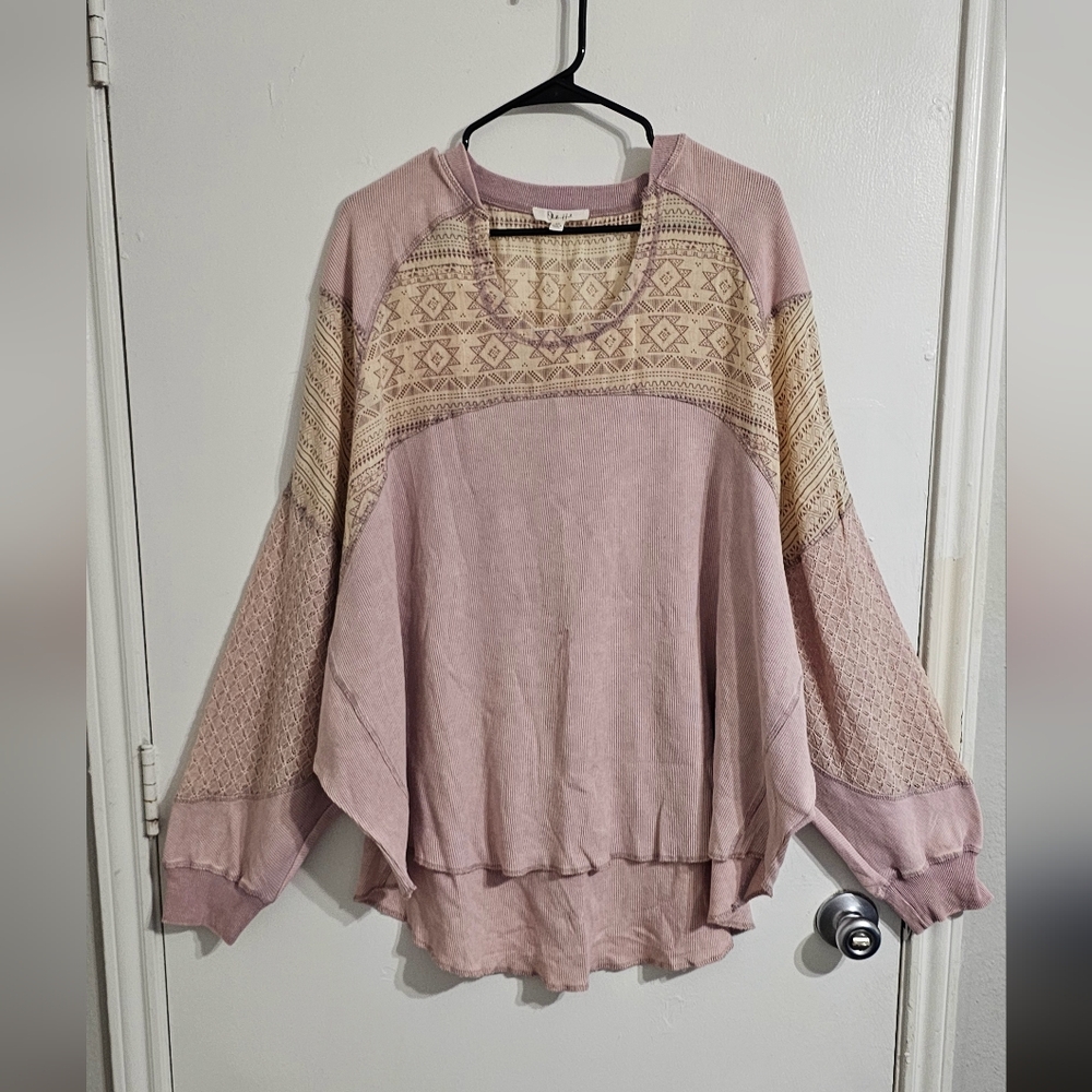 Oli & Hali Raw Hem Patchwork Blouse Top Size XL Lilac Lagenlook Rustic Oversized
